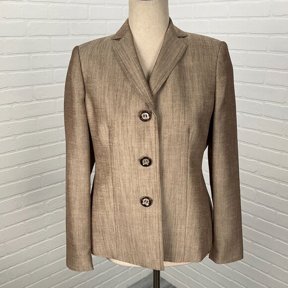 Kasper Blazer Women 4P Tan White Shimmer Woven Fitted Classic‎ Career Notch VTG - Picture 1 of 12